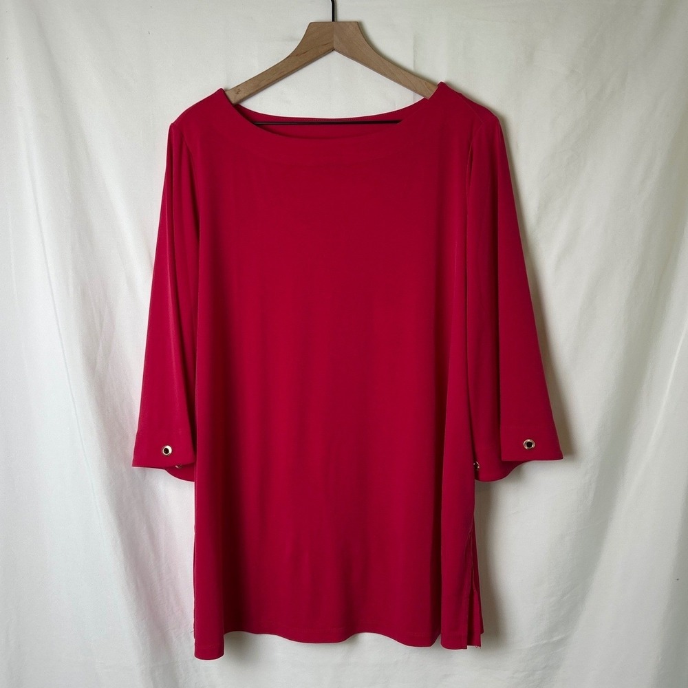 Susan Graver Womens Grommet Cuff Liquid Knit Boat Neck Tunic Top Size 1X Pink
